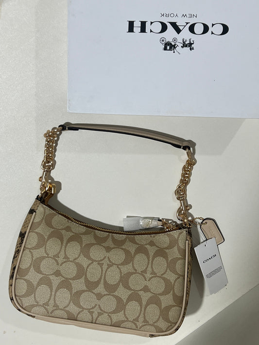 Coach Teri khaki snake-embossed leather Shoulder Bag (with Box and long strap)