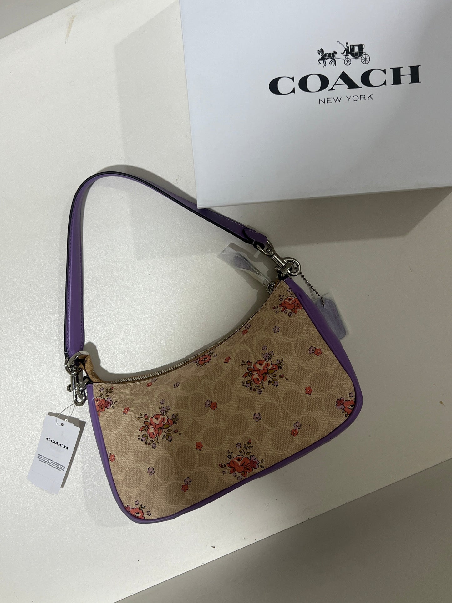 Coach Teri Purple Floral Print Shoulder Bag (with Box and long strap)