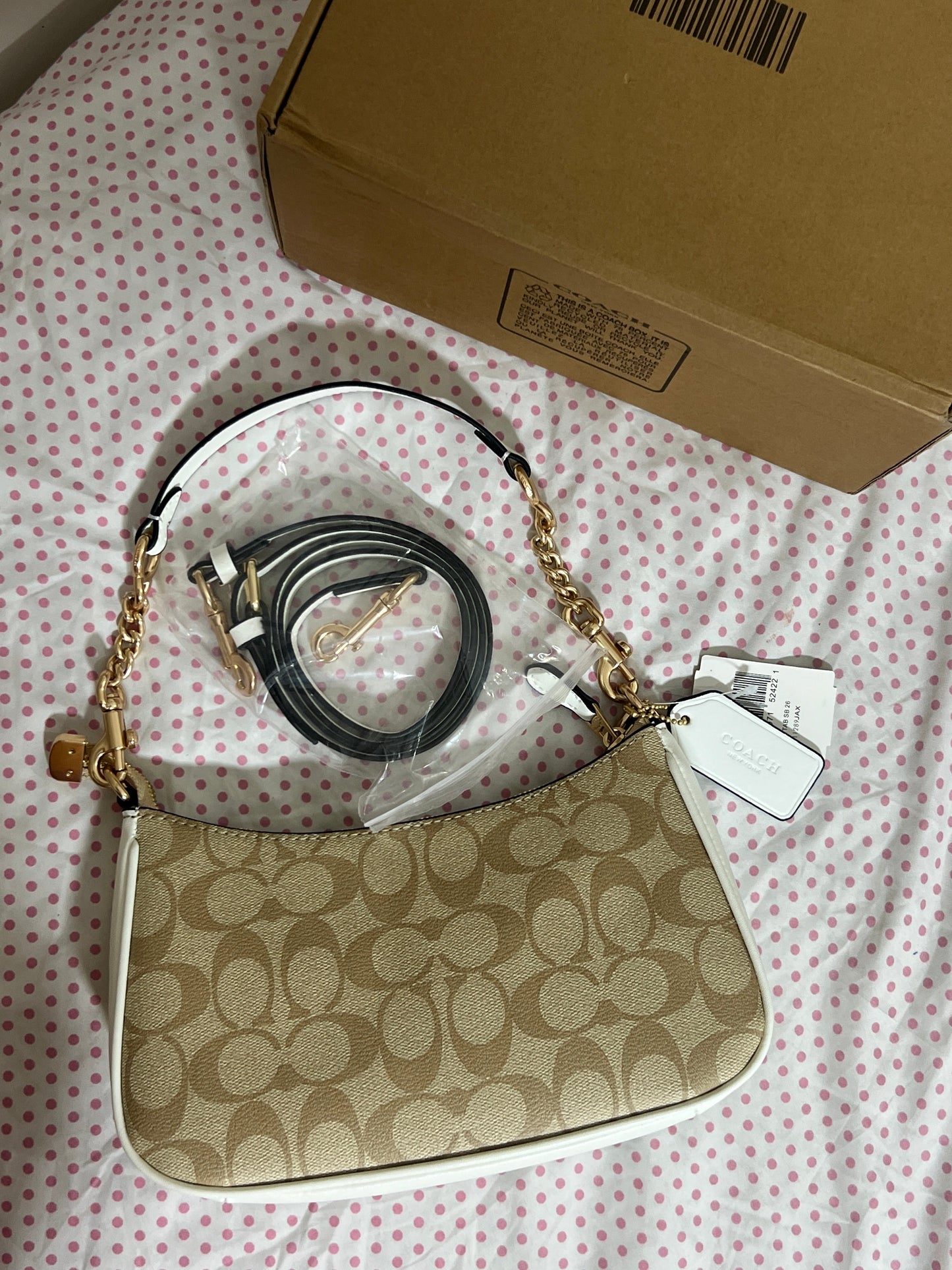 Coach Teri khaki white Shoulder Bag (with Box, charm and long strap)