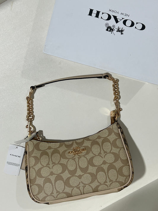 Coach Teri khaki snake-embossed leather Shoulder Bag (with Box and long strap)